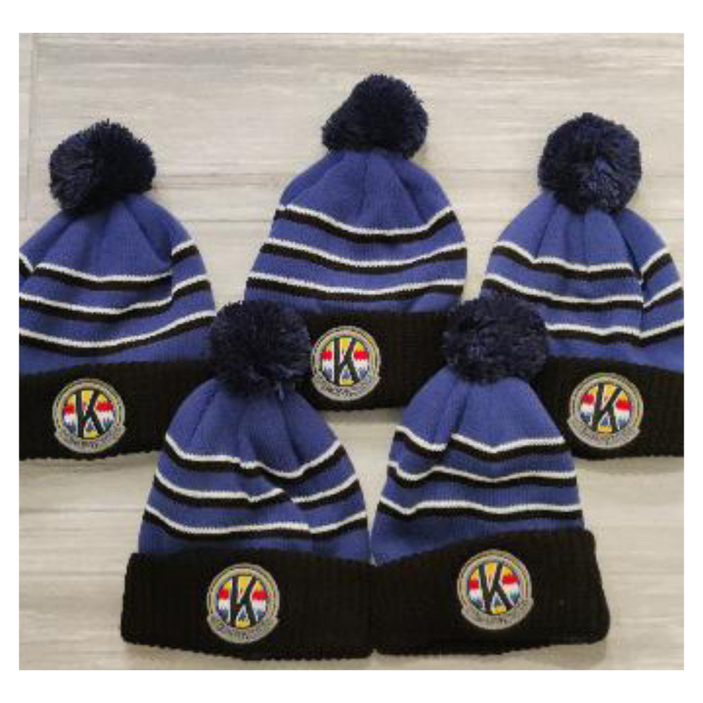 BLUE AND BLACK STRIPED POM BEANIE