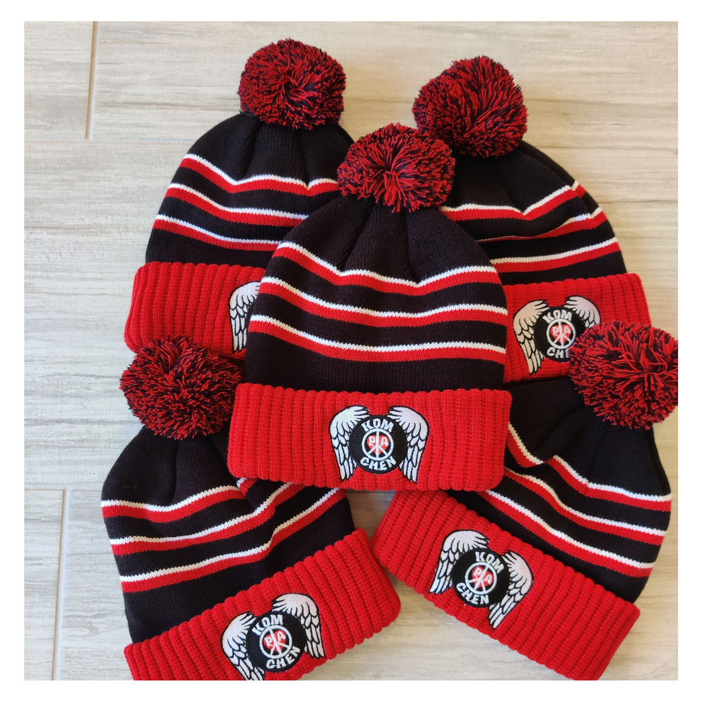 RED AND BLACK STRIPED POM BEANIE